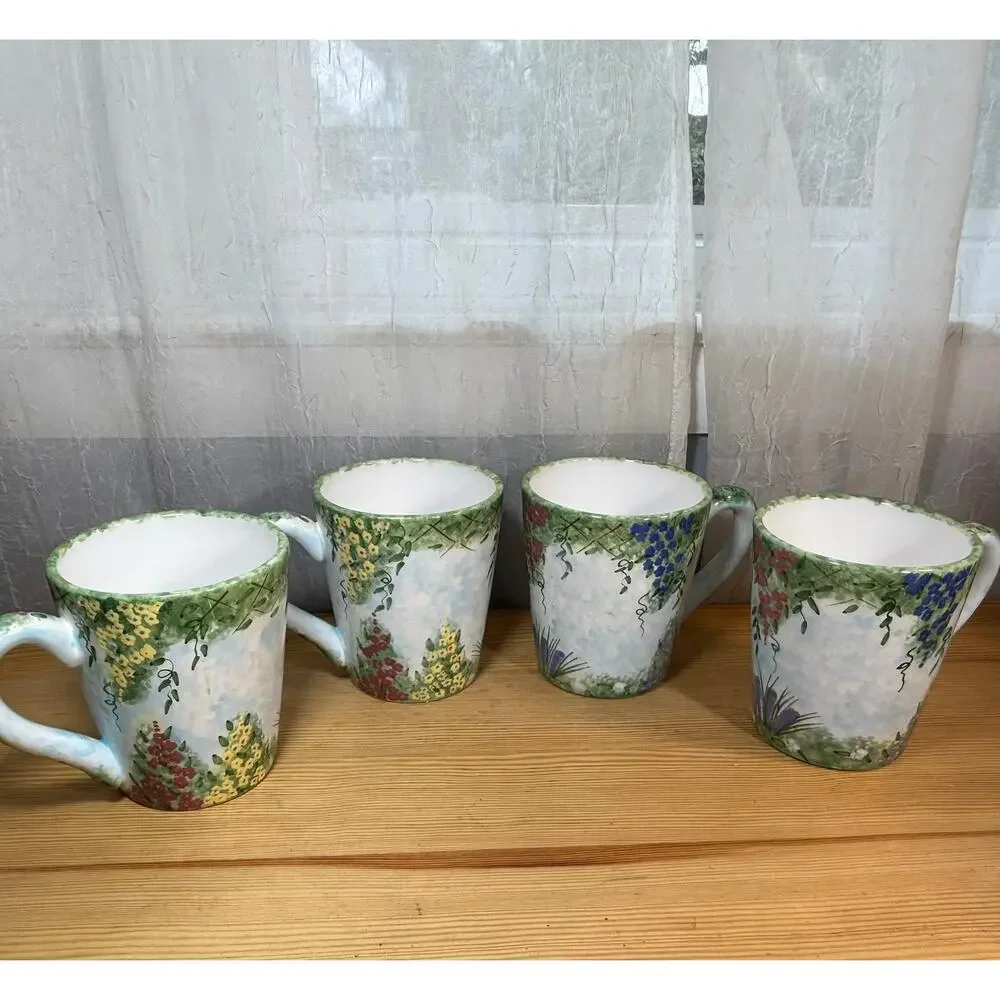 Fitz Floyd Balloons Floral Mug Set 4 Hand Painted Garden Coffee Cups